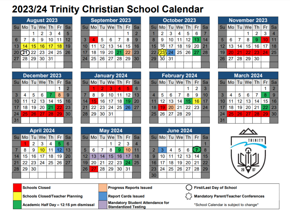 School Calendar Trinity Christian School